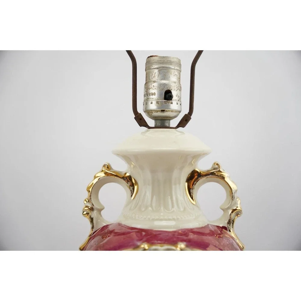 Vintage Early 1950's ‎ Handled Ceramic Shabby Chic Floral Lamp Red & White